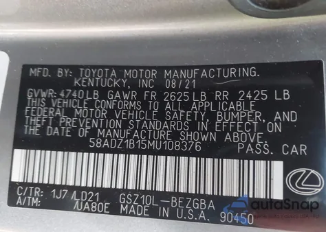 2021 Lexus Es 350 from USA, damaged, VIN 58ADZ1B15MU108376